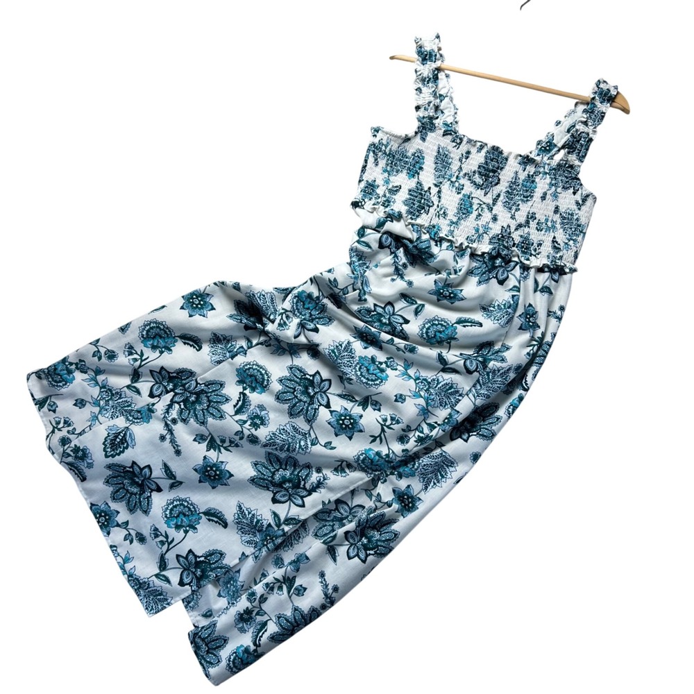 Emma & Michele Womens Floral Smocked Midi Dress‎ Teal Coastal Large Cottage Boho